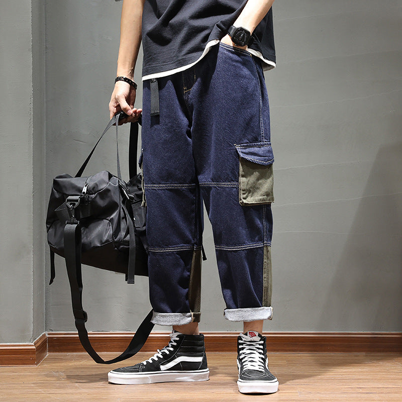 Amekaji Overalls Fashion Brand Cropped Pants Pocket Patchwork Color Denim Jeans Loose Wide Leg Pants Jean