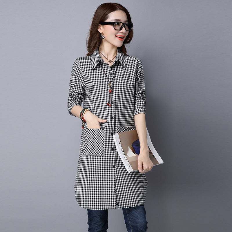 Long Sleeve Shirt Coat Cotton And Linen Plaid Loose Shirt Mid-length