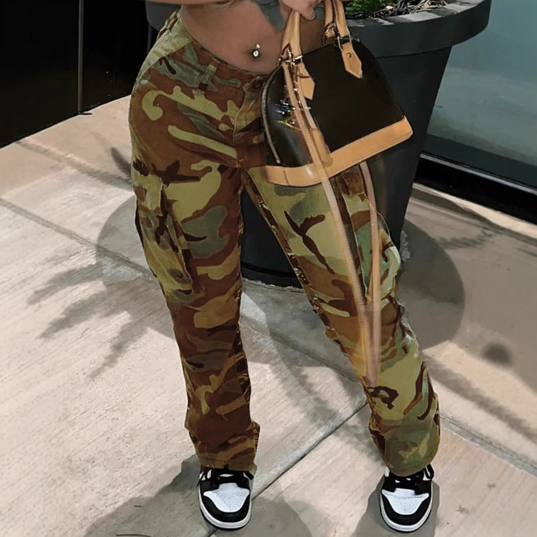 Ins Style High Waist Straight Multicolor Camouflage Overalls