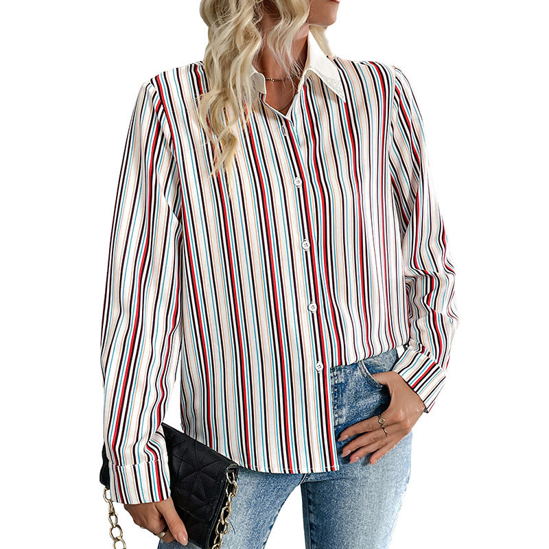 Lapel Color Vertical Striped Shirt For Women