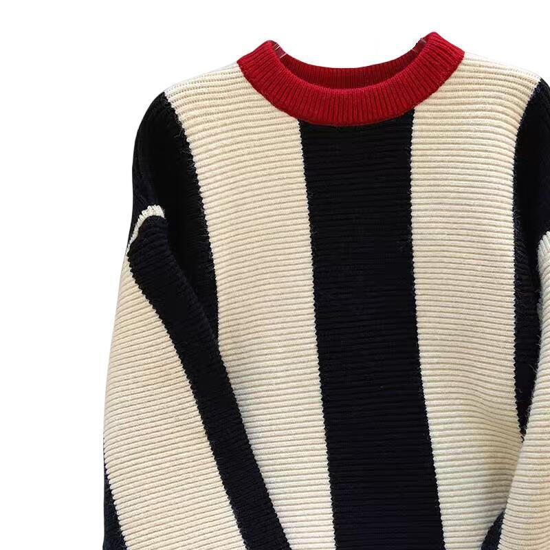 Women's Contrast Color Knitted Wool Tops Round Neck Striped Sweater