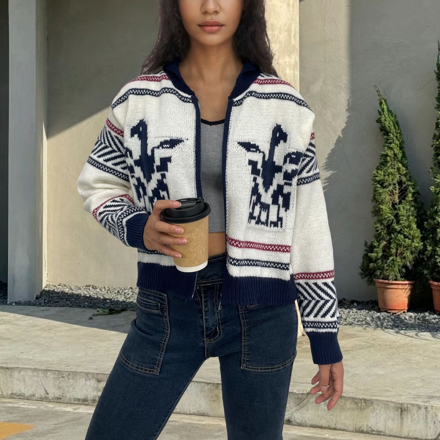Women's Zipper Cardigan Lapel Short Jacquard Contrast Color Sweater