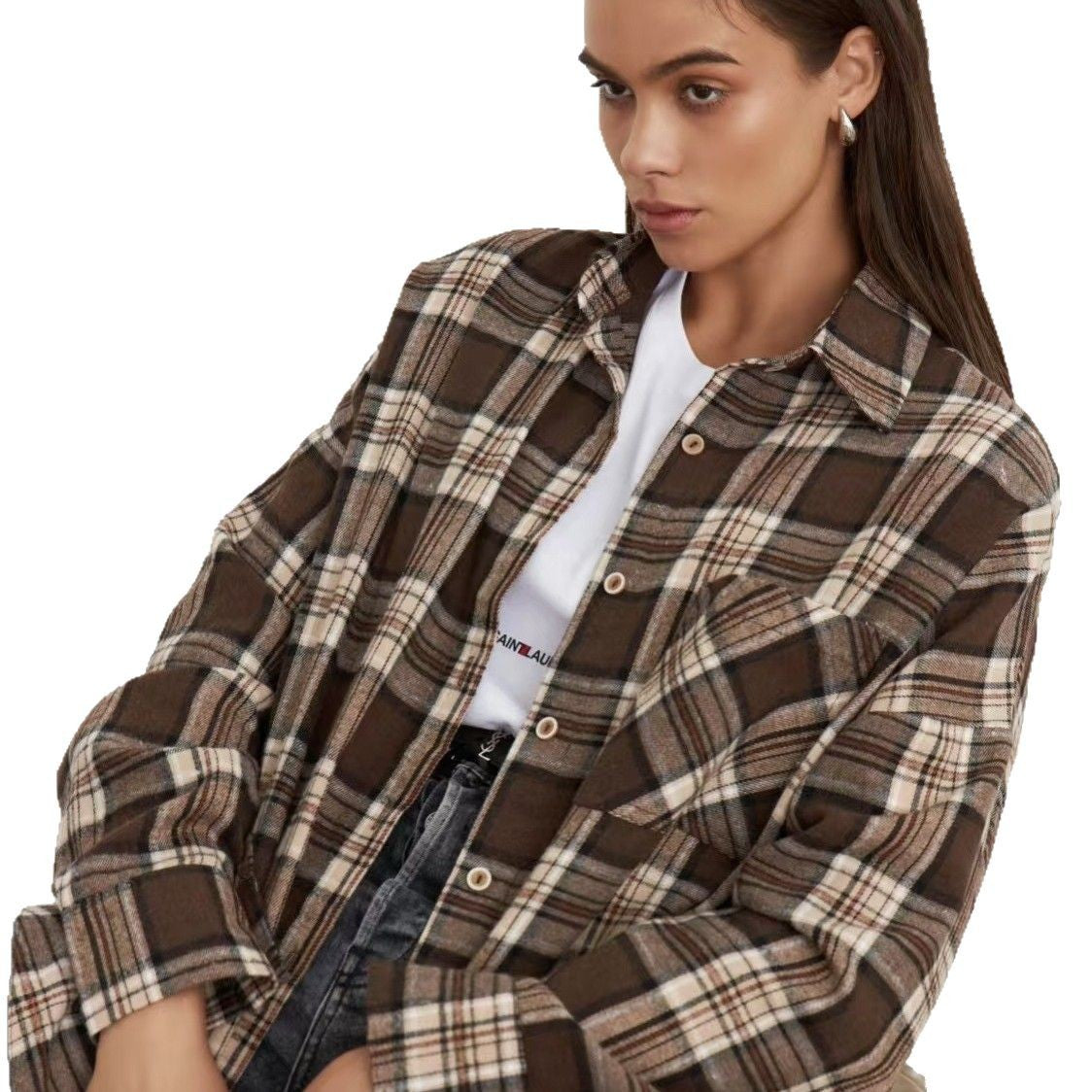 Retro Style All-match Plaid Lapel Long Sleeve Shirt