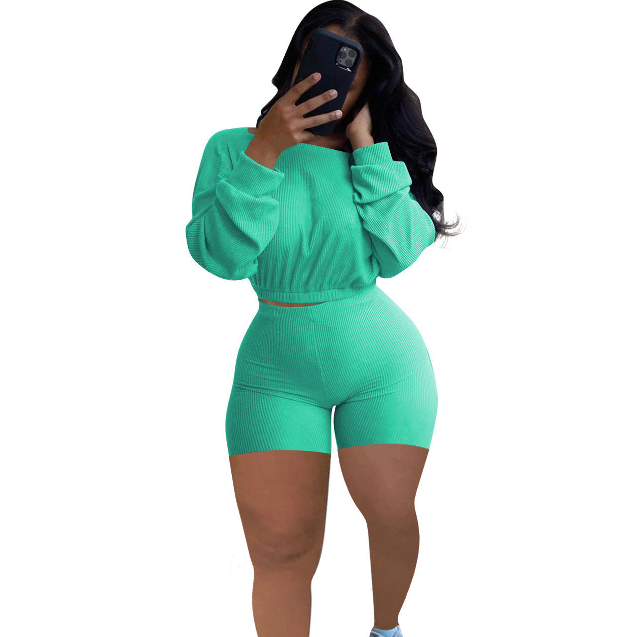 Sunken Stripe Solid Color Off-the-shoulder Two-piece Set