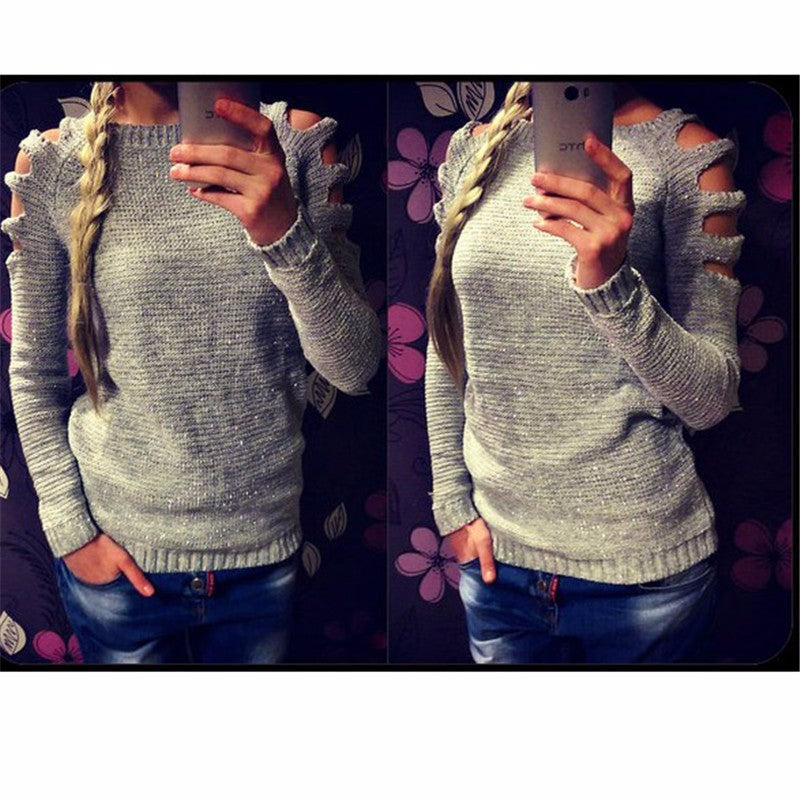 Women's Solid Color Round Neck Hollow-out Long-sleeved Knitted Bottoming Shirt