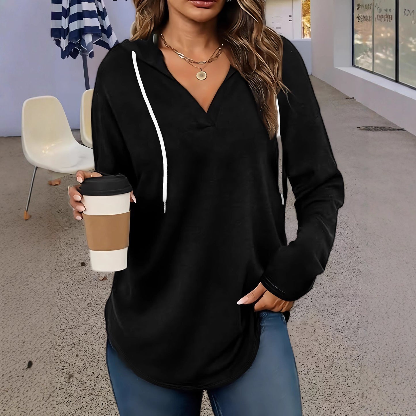 Autumn New Women's V-neck Sweatshirt Hooded Long Sleeve