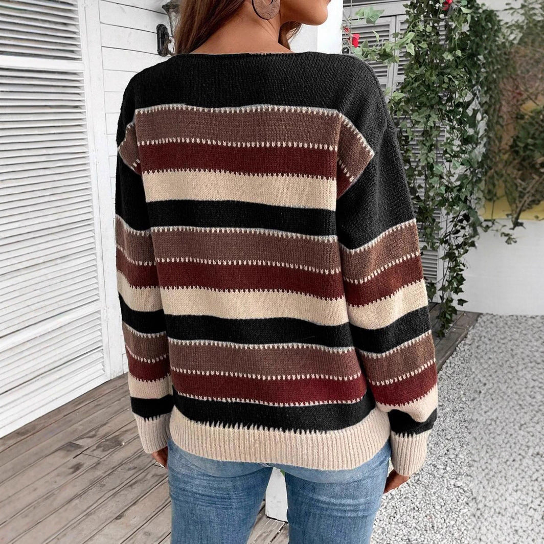 Contrast Color Striped Casual Pullover Long Sleeve Sweater