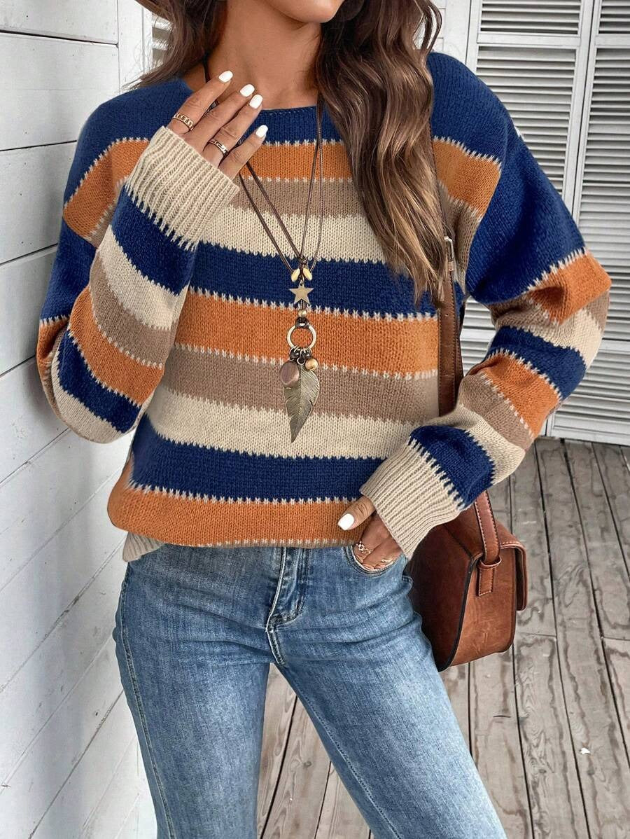Contrast Color Striped Casual Pullover Long Sleeve Sweater