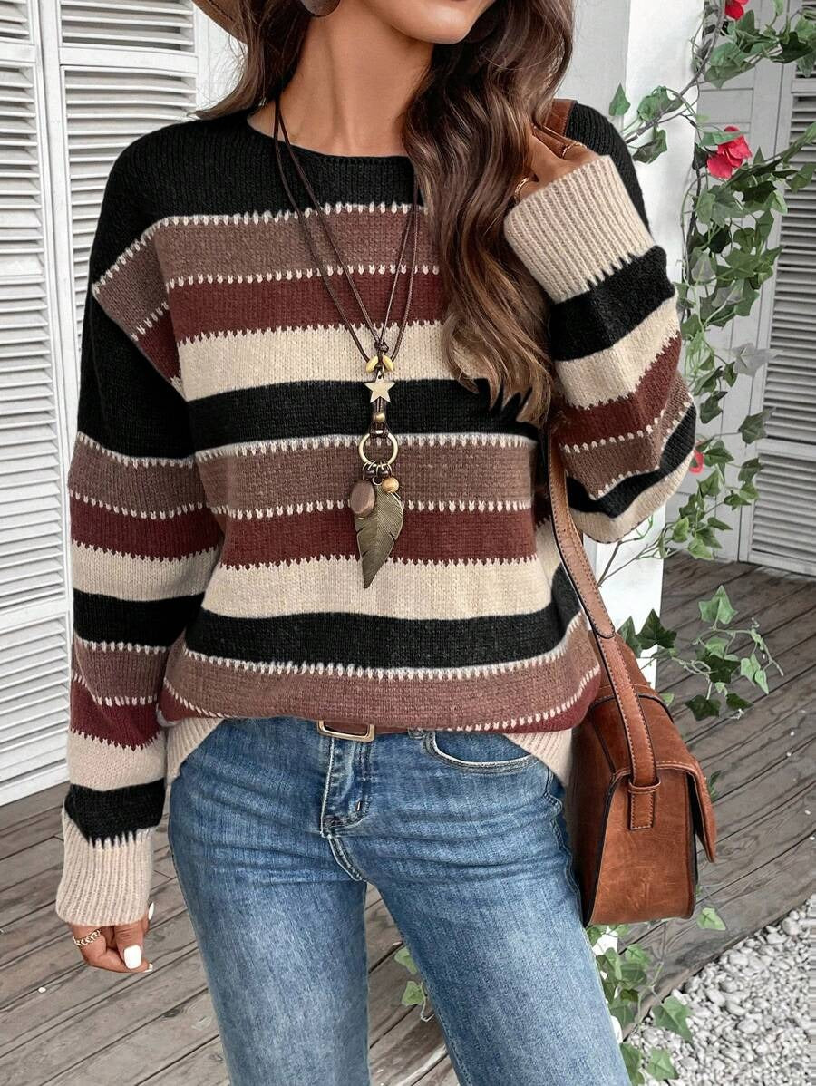 Contrast Color Striped Casual Pullover Long Sleeve Sweater
