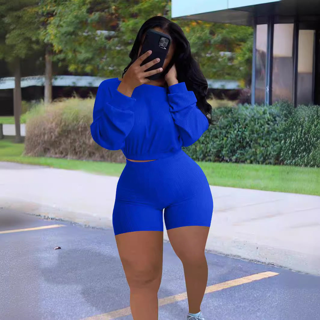Sunken Stripe Solid Color Off-the-shoulder Two-piece Set