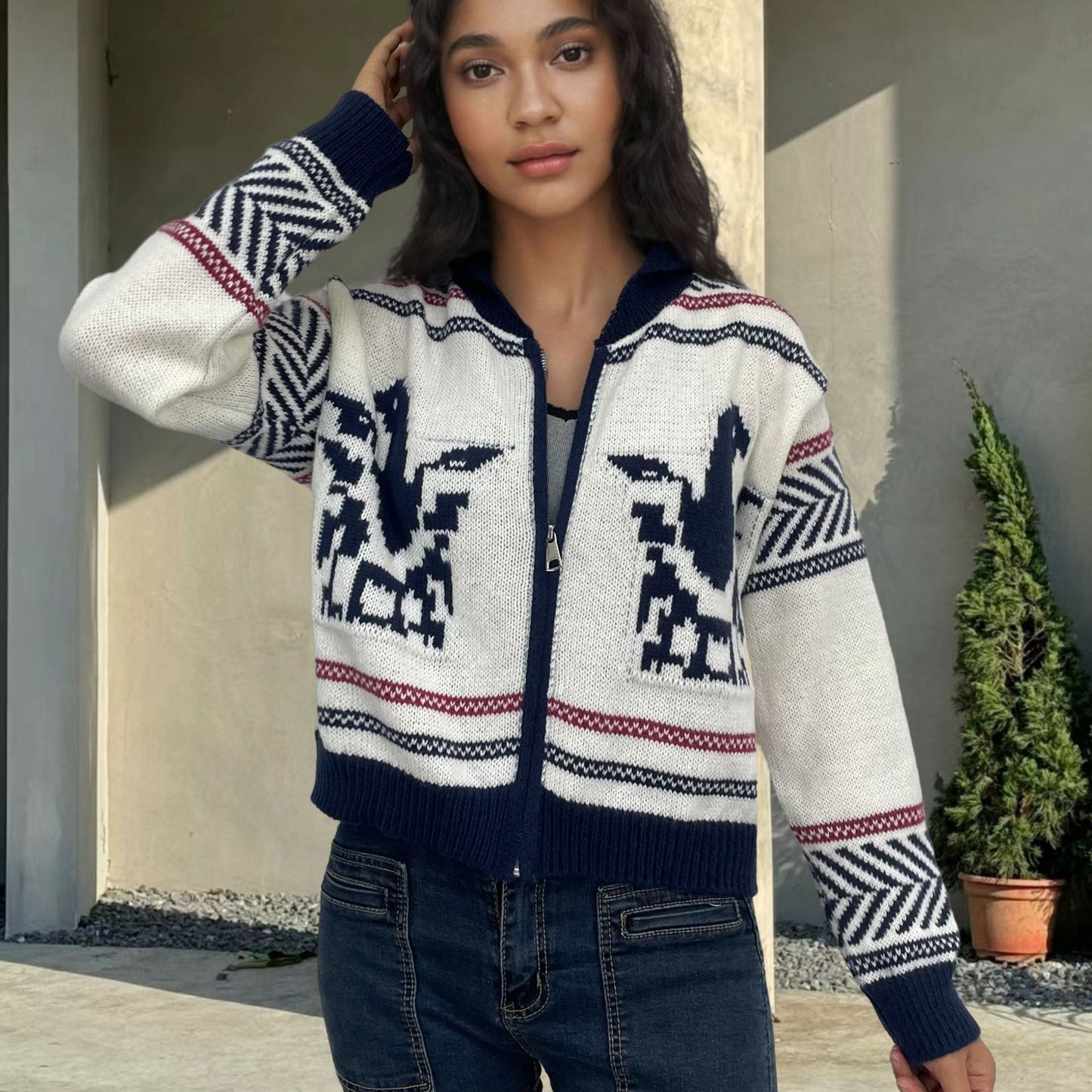 Women's Zipper Cardigan Lapel Short Jacquard Contrast Color Sweater