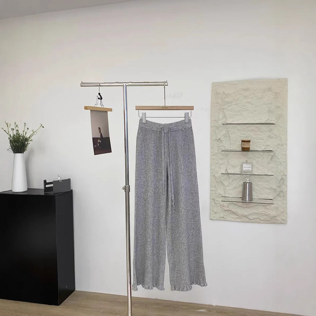 Wooden Ear Elastic High Waist Lace-up White Knitted Fabric All-match Wide Leg Pants