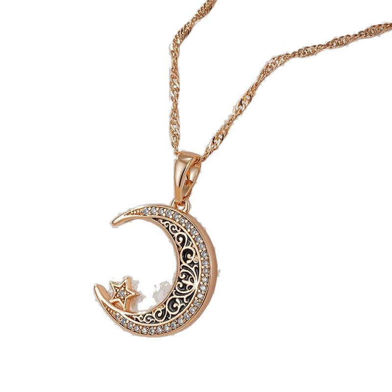 Rose Gold Star Moon Necklace Women's Mild Luxury Retro Design Enamel Zircon Pendant