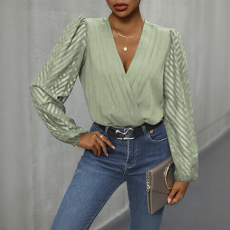 All-matching Solid Color And V-neck Pleated Lace See-through Long-sleeved Jumpsuit