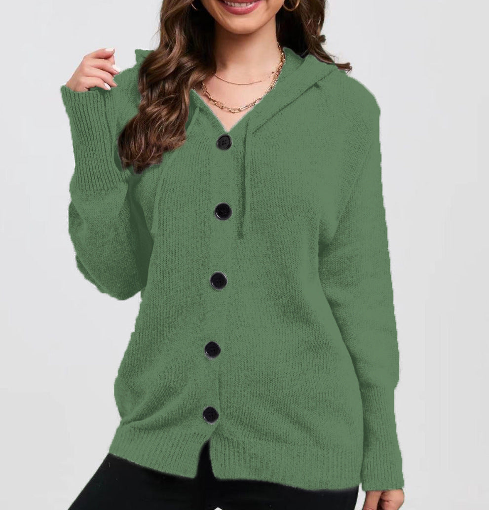 Women's Solid Color Hooded Single-breasted Sweater