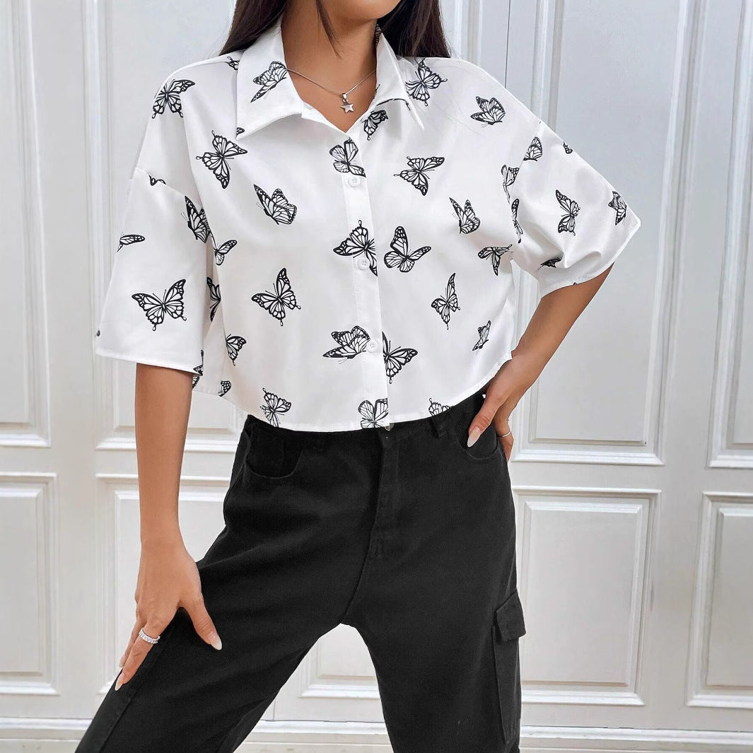 Fashion Butterfly Print Shirt Women's Clothing