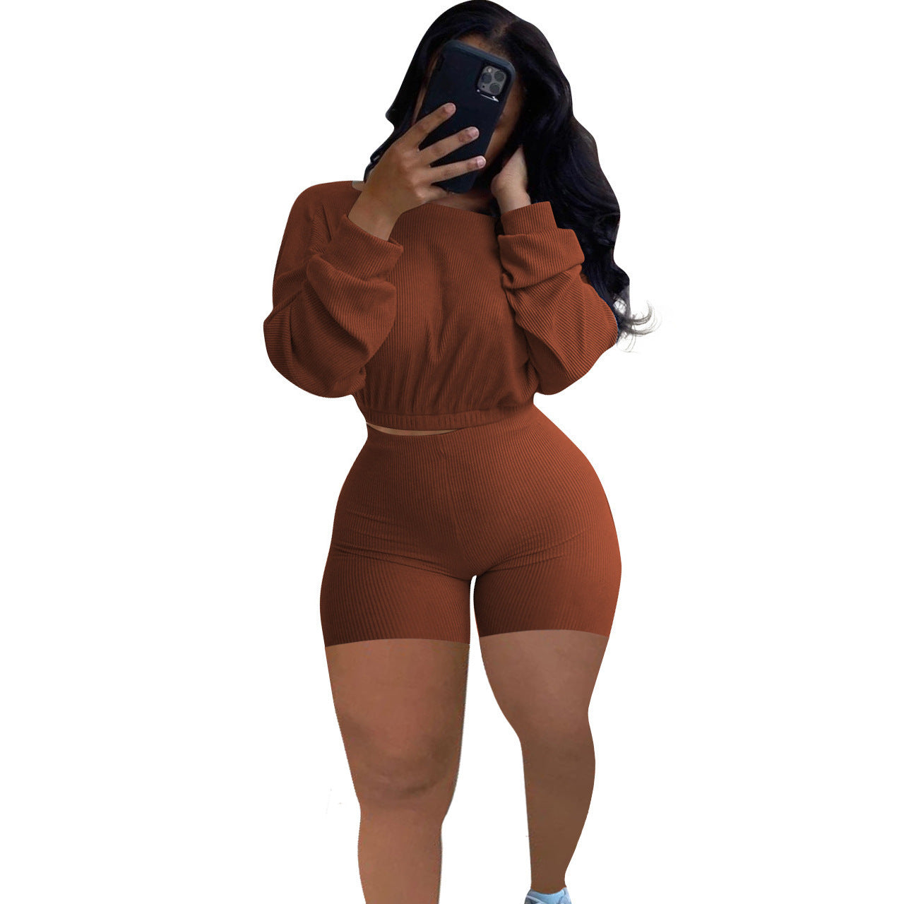 Sunken Stripe Solid Color Off-the-shoulder Two-piece Set