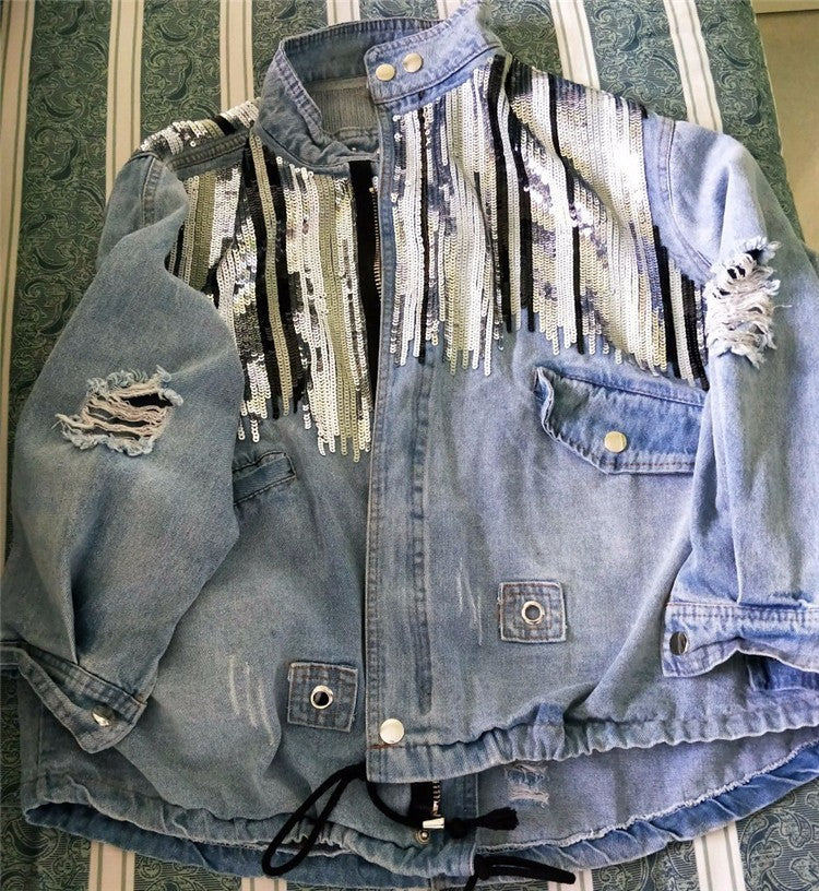Women New Spring Personality Sequins Denim Jacket Autumn Casual Loose Korean Style Jean Coat Summer High Street Out Wear Clothes