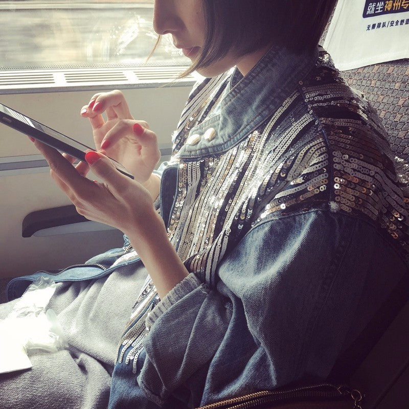 Women New Spring Personality Sequins Denim Jacket Autumn Casual Loose Korean Style Jean Coat Summer High Street Out Wear Clothes