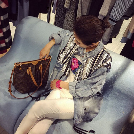Women New Spring Personality Sequins Denim Jacket Autumn Casual Loose Korean Style Jean Coat Summer High Street Out Wear Clothes