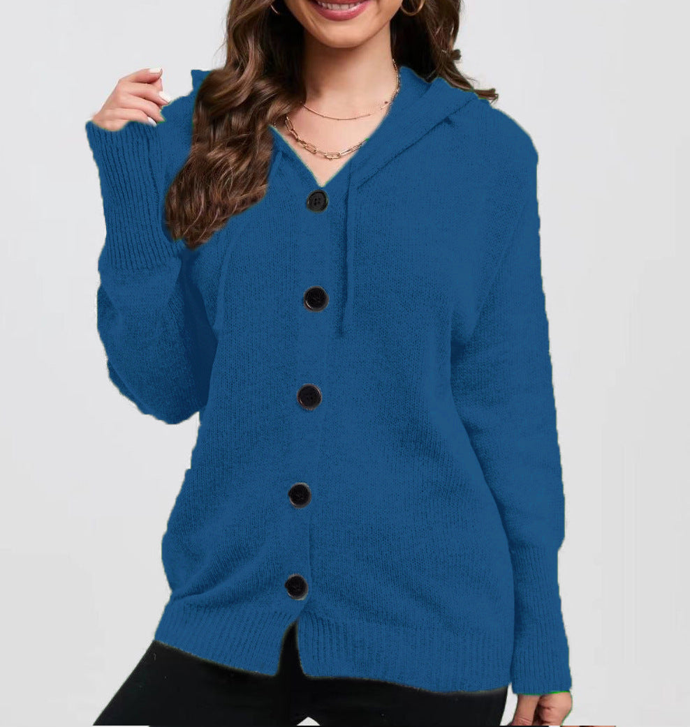 Women's Solid Color Hooded Single-breasted Sweater