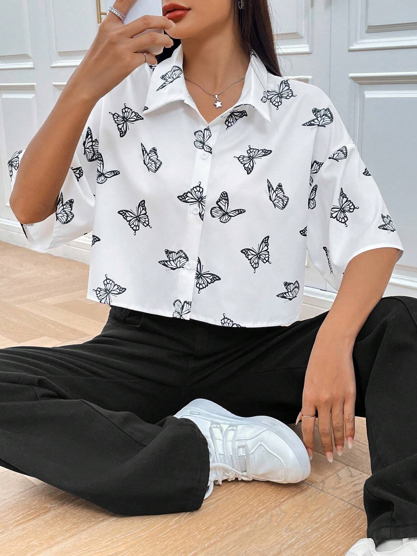 Fashion Butterfly Print Shirt Women's Clothing