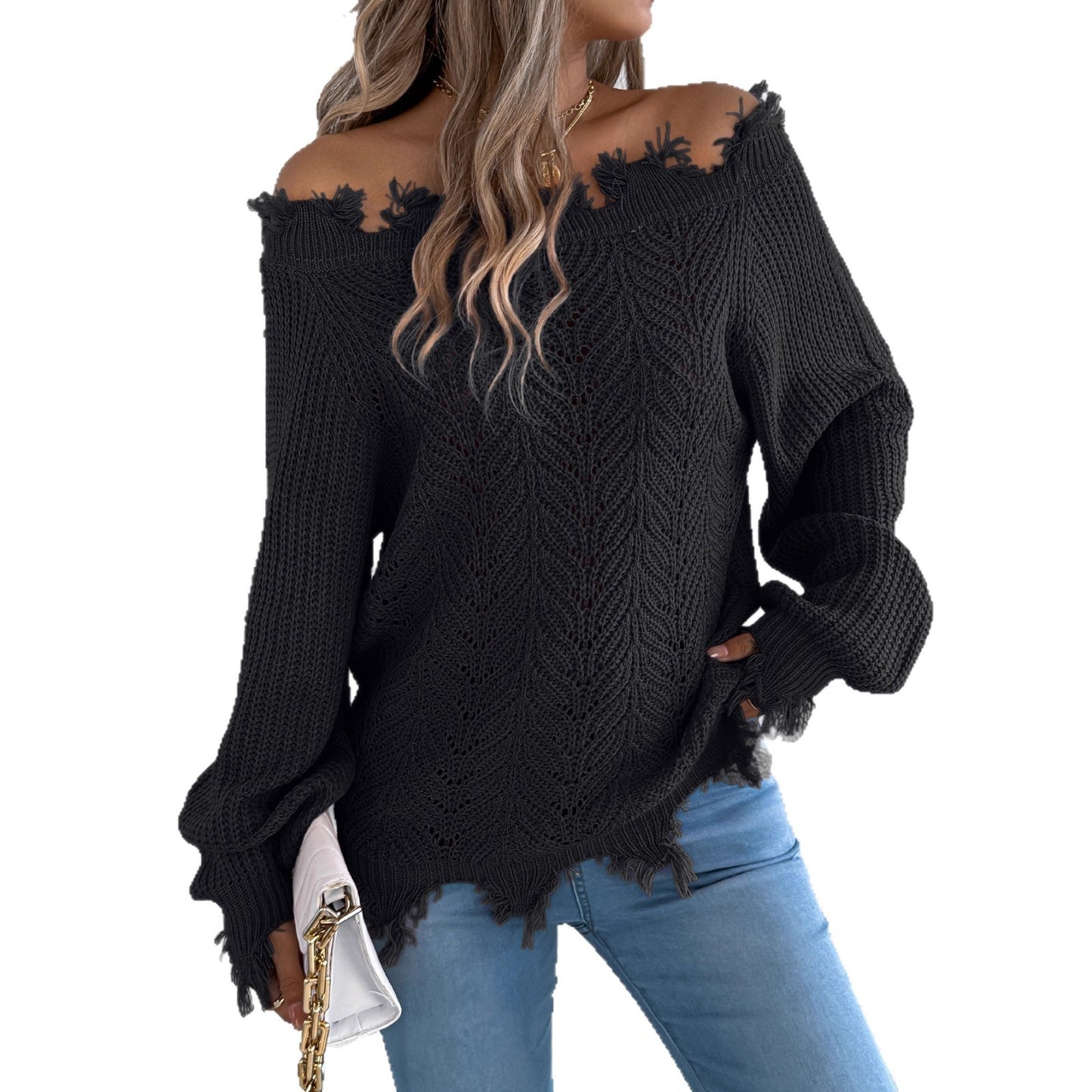 Hollow-out Long-sleeved Cut Off-the-shoulder Pullover Sweater