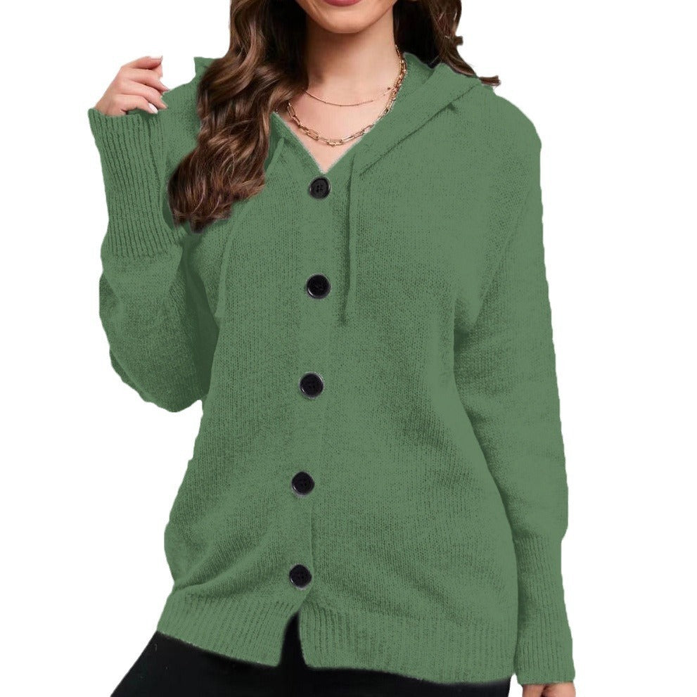 Women's Solid Color Hooded Single-breasted Sweater