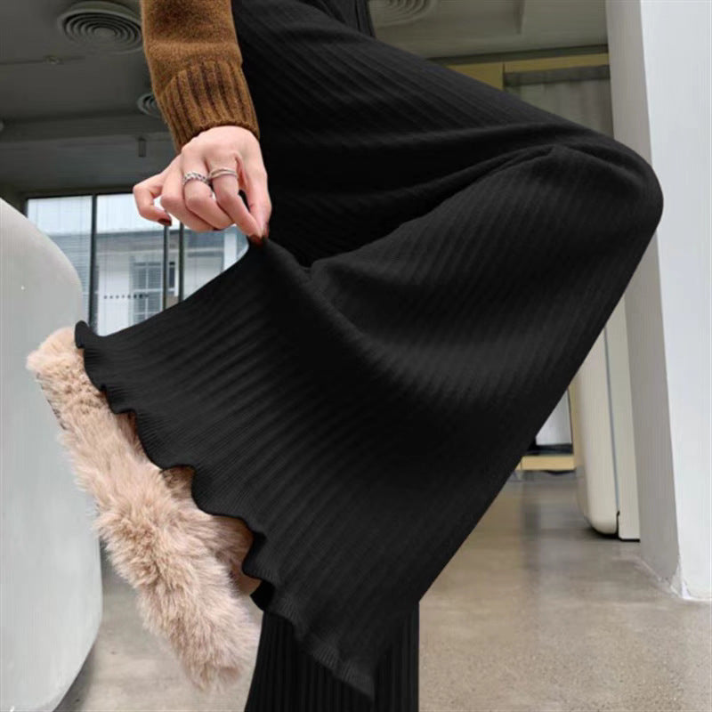 Wooden Ear Elastic High Waist Lace-up White Knitted Fabric All-match Wide Leg Pants