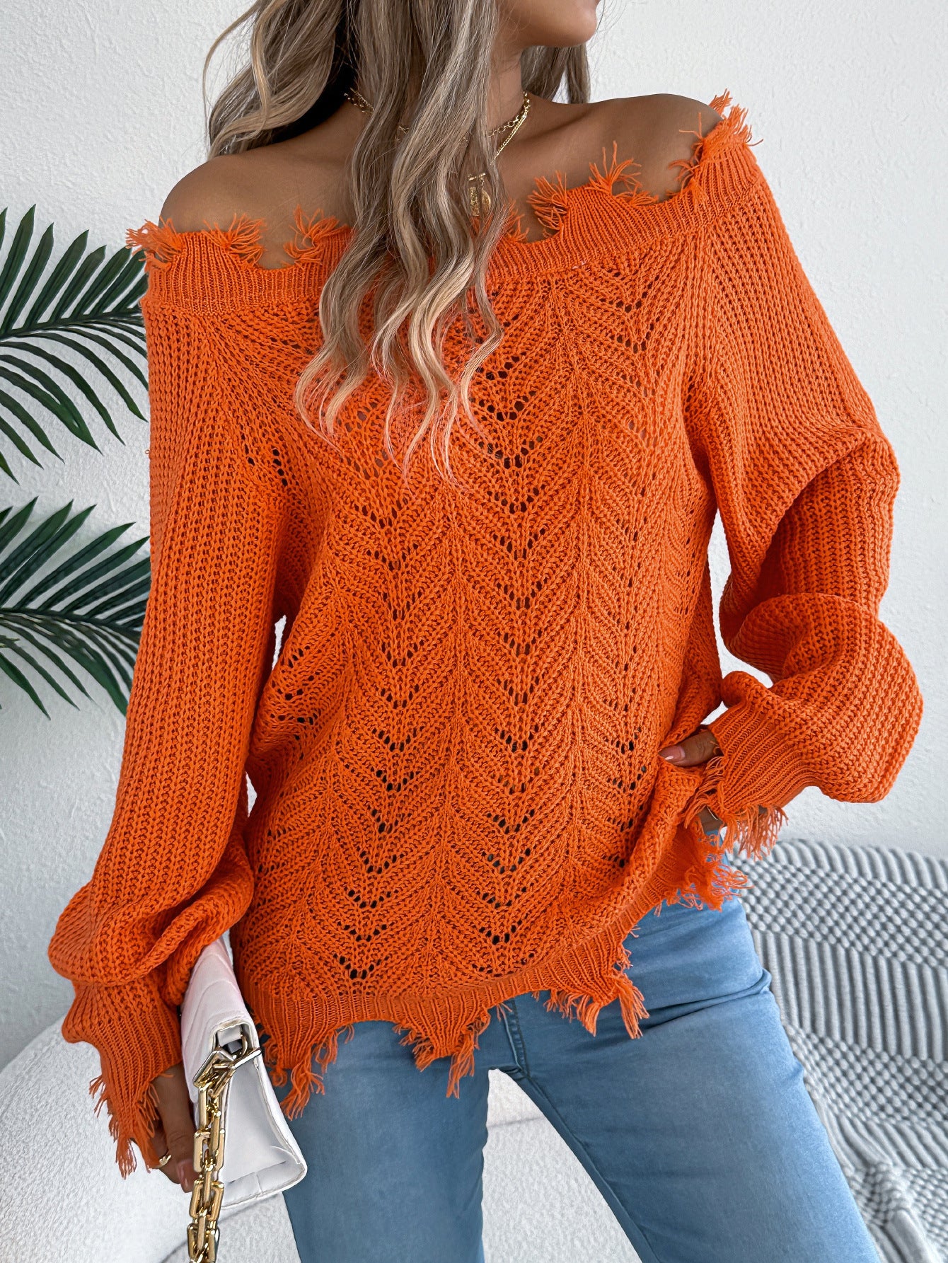 Hollow-out Long-sleeved Cut Off-the-shoulder Pullover Sweater