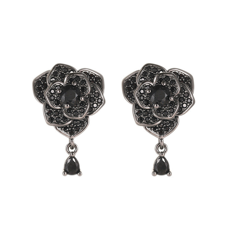 Fashionable Elegant Black Rose Stud Earrings For Women