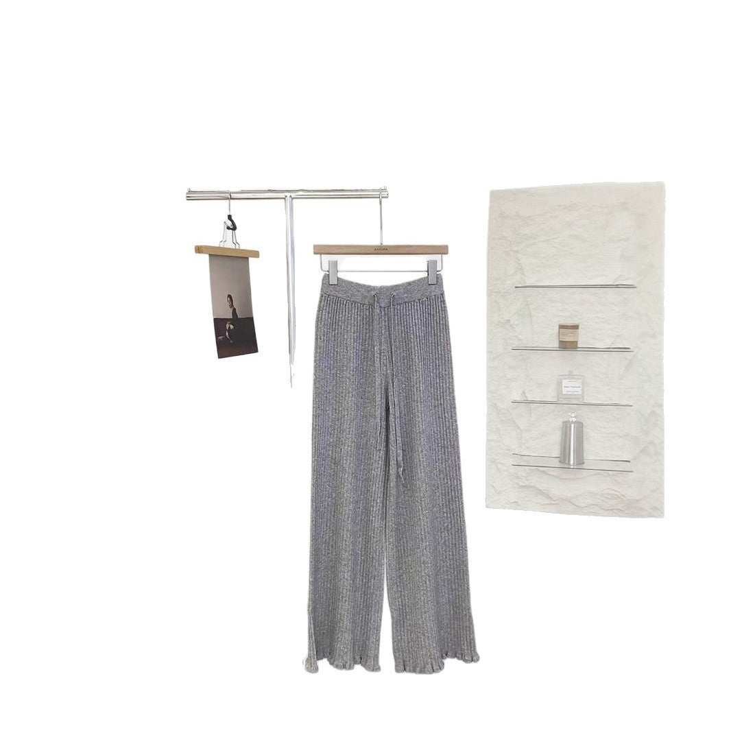 Wooden Ear Elastic High Waist Lace-up White Knitted Fabric All-match Wide Leg Pants