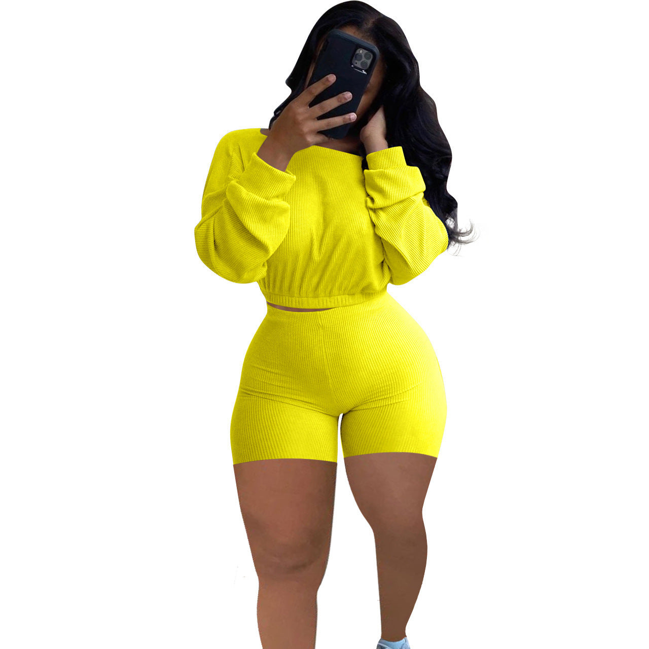 Sunken Stripe Solid Color Off-the-shoulder Two-piece Set