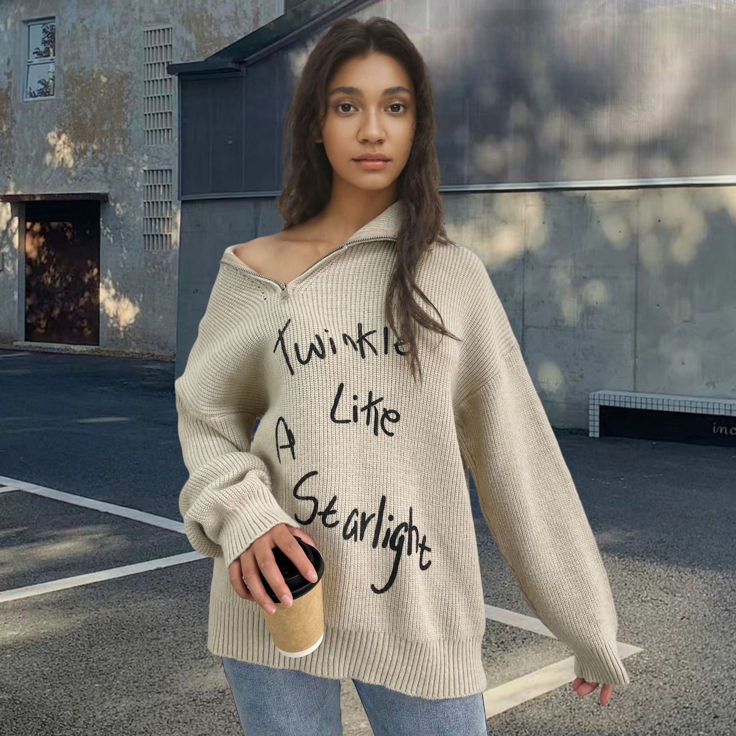 Women's Loose Lapels Pullover Retro Turtleneck Oblique Zipper Sweater