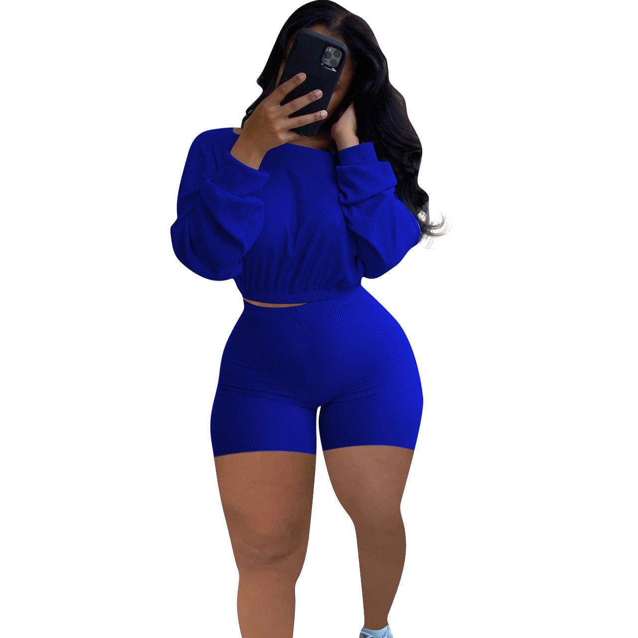 Sunken Stripe Solid Color Off-the-shoulder Two-piece Set