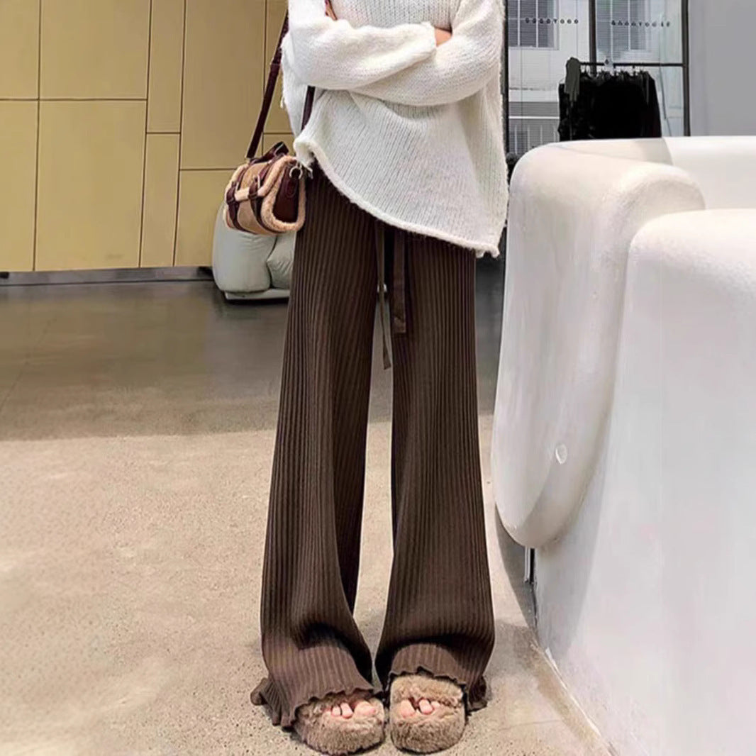 Wooden Ear Elastic High Waist Lace-up White Knitted Fabric All-match Wide Leg Pants