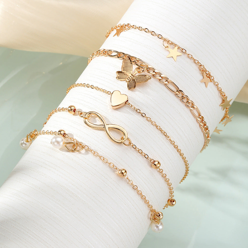 Best Seller In Europe And America Butterfly Pearl Heart Anklet 4-piece Set Multi-layer