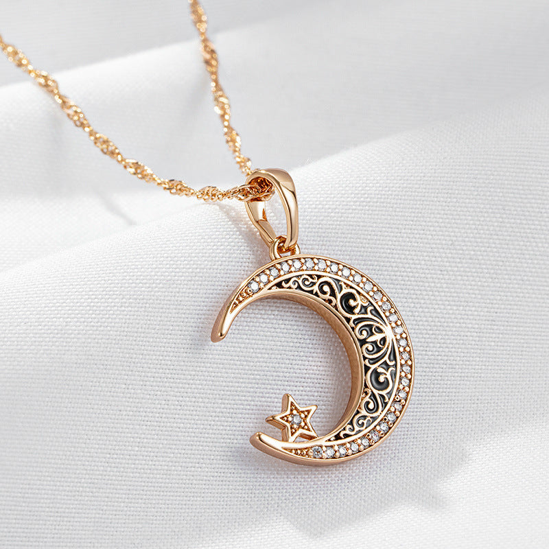 Rose Gold Star Moon Necklace Women's Mild Luxury Retro Design Enamel Zircon Pendant