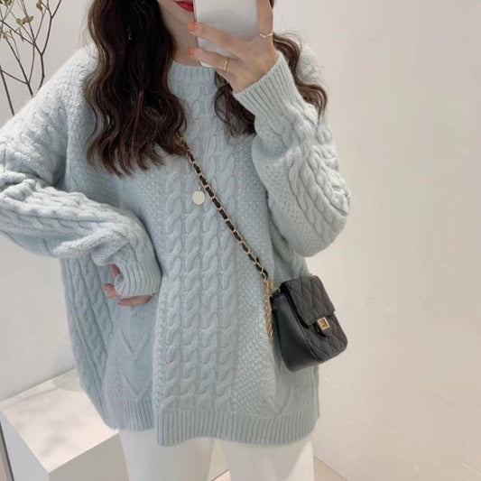 Thick Hemp Flowers Knitted Round Neck Sweater Retro Loose Top