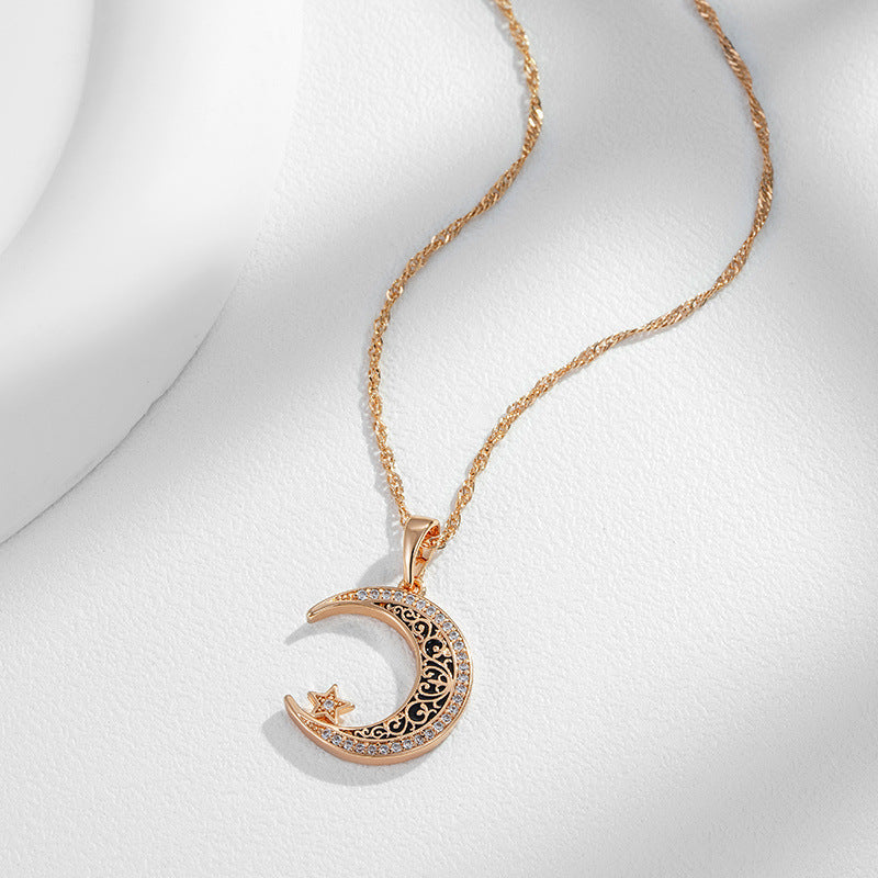 Rose Gold Star Moon Necklace Women's Mild Luxury Retro Design Enamel Zircon Pendant