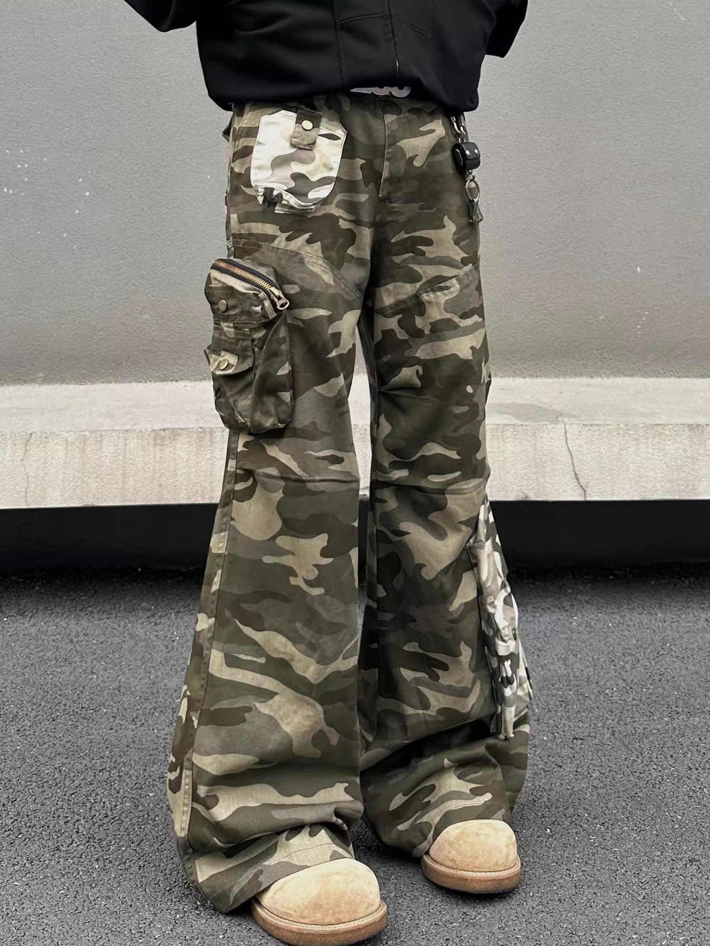 Stitched Camouflage Overalls Men's Retro Straight Casual Pants