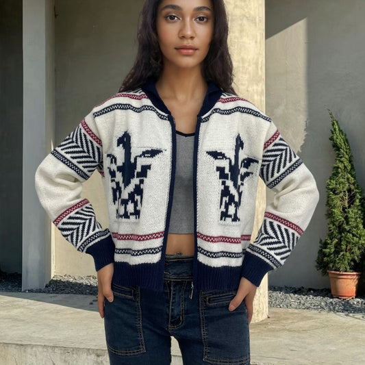 Women's Zipper Cardigan Lapel Short Jacquard Contrast Color Sweater