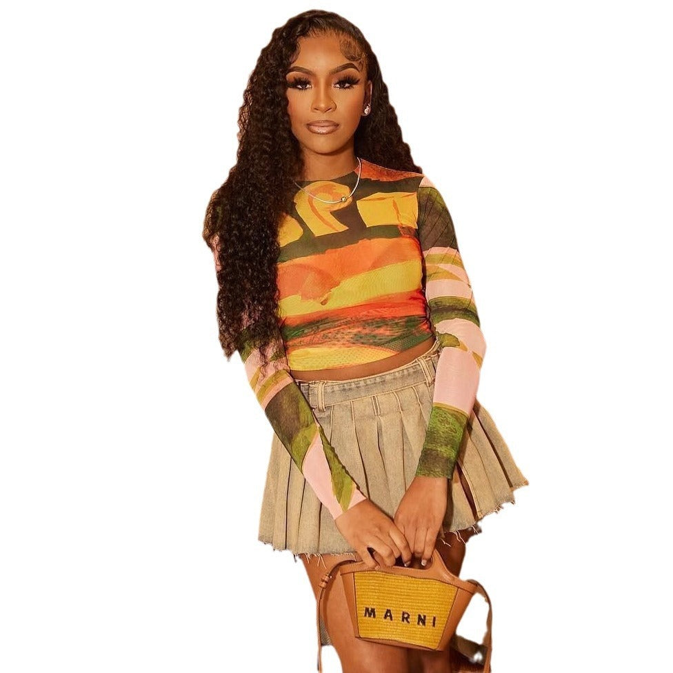 Fashion Tie-dye Printed Round Neck Long Sleeves Cropped Top T-shirt
