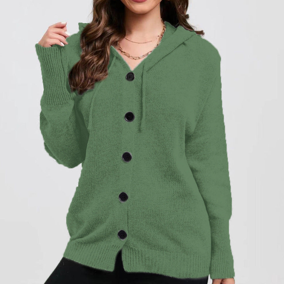 Women's Solid Color Hooded Single-breasted Sweater