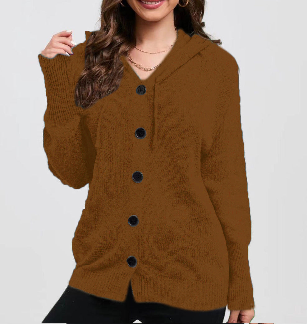 Women's Solid Color Hooded Single-breasted Sweater
