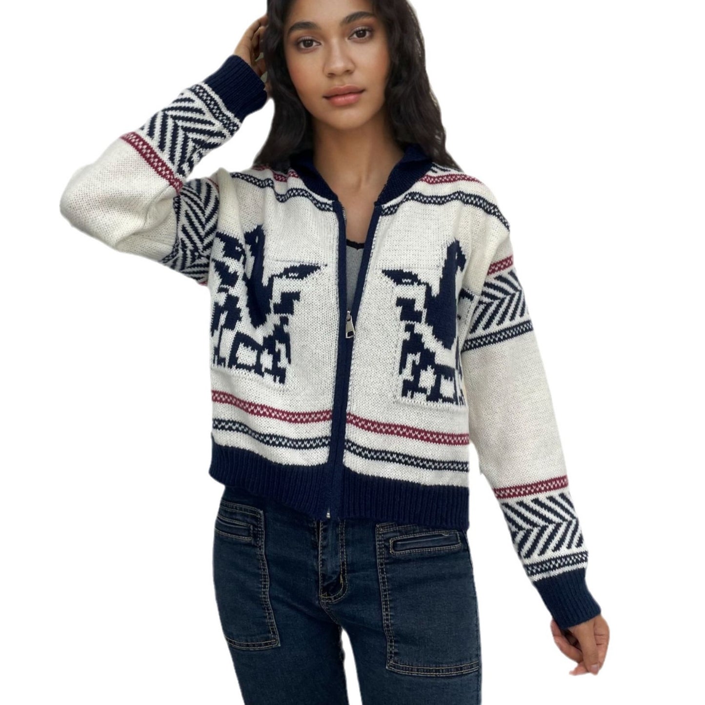Women's Zipper Cardigan Lapel Short Jacquard Contrast Color Sweater
