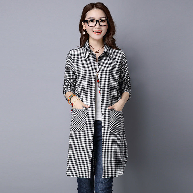 Long Sleeve Shirt Coat Cotton And Linen Plaid Loose Shirt Mid-length