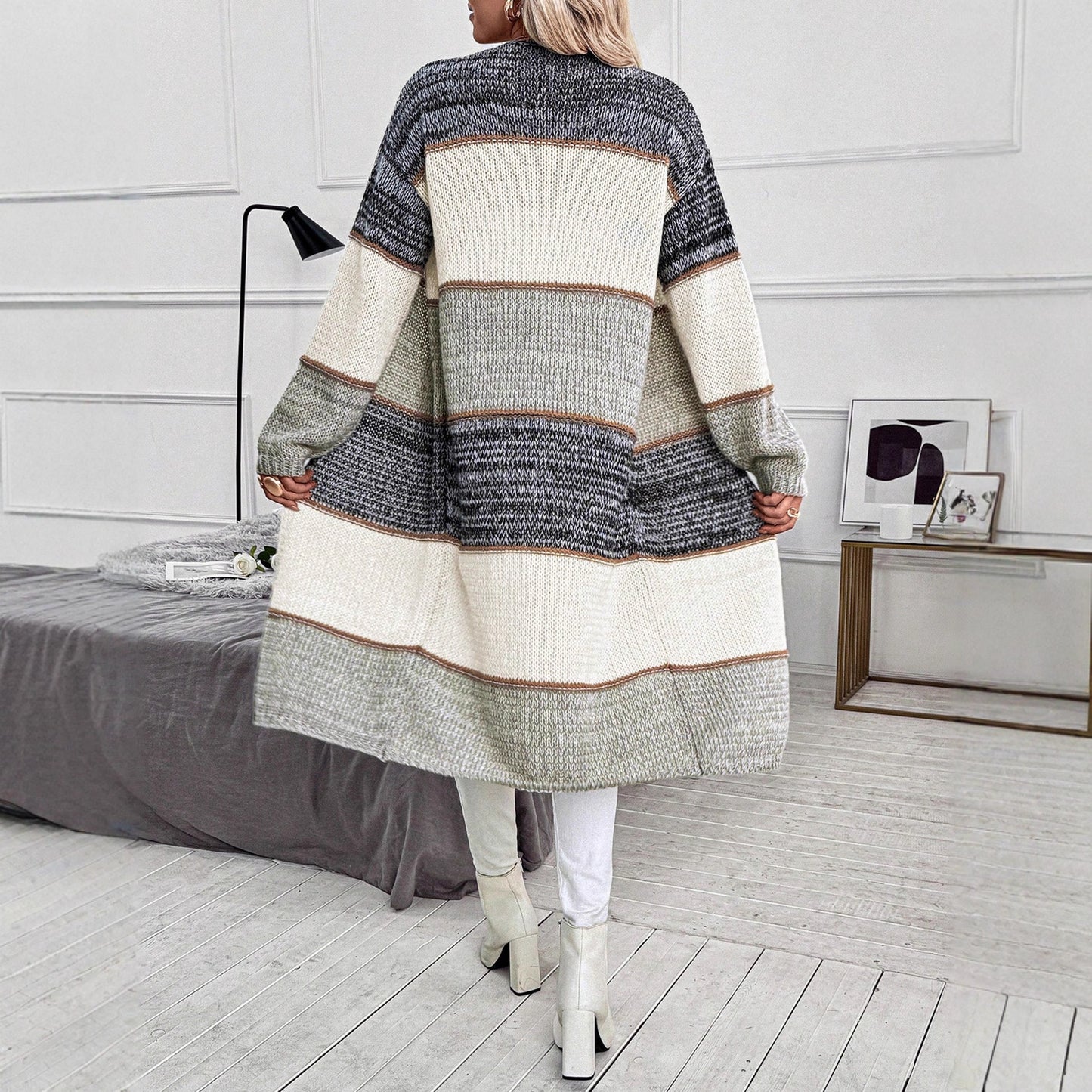 Women's Casual Knitted Color Matching Long Cardigan