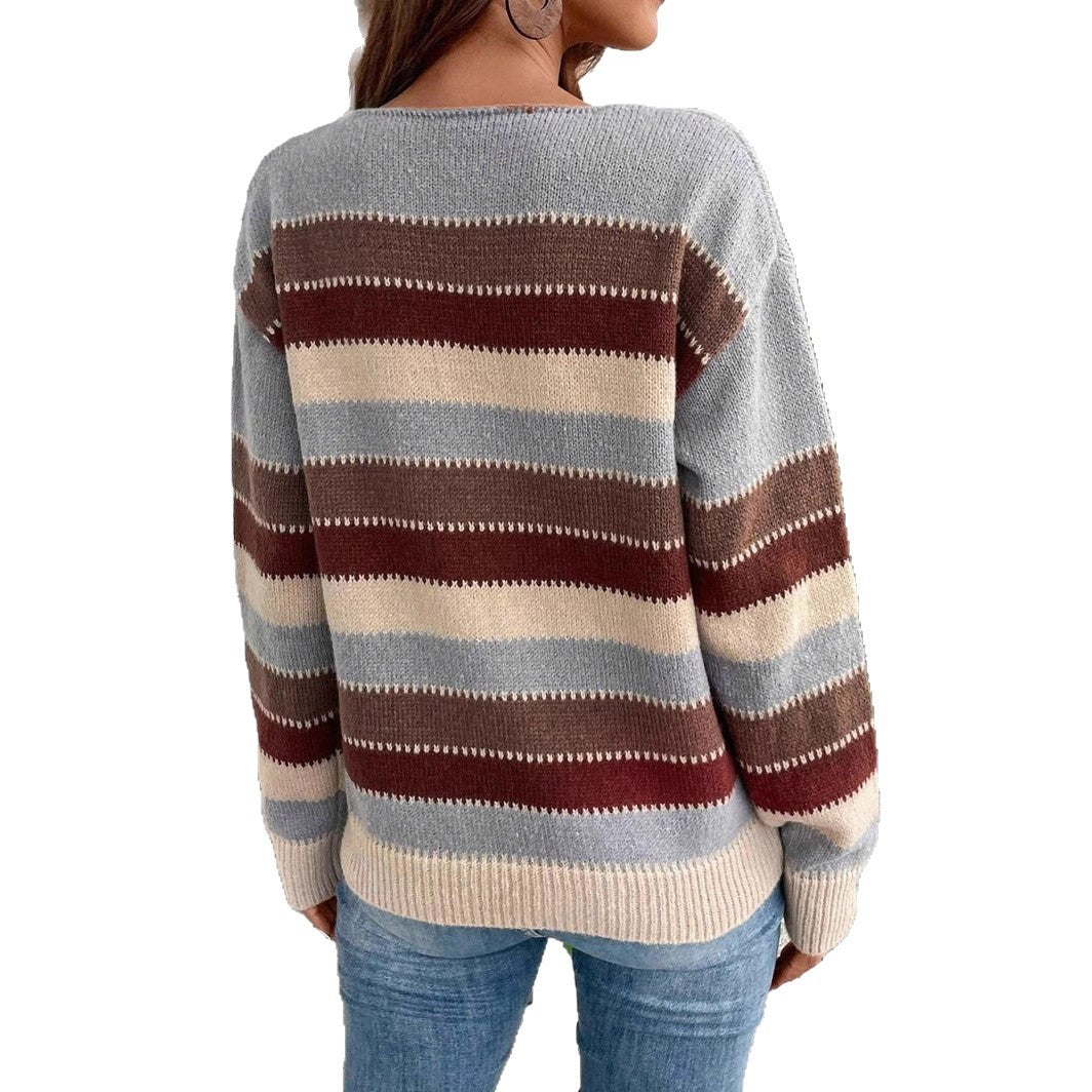 Contrast Color Striped Casual Pullover Long Sleeve Sweater