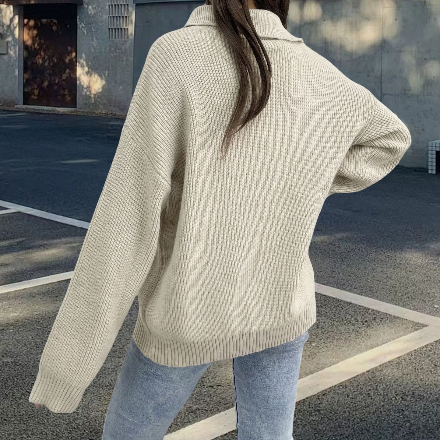 Women's Loose Lapels Pullover Retro Turtleneck Oblique Zipper Sweater